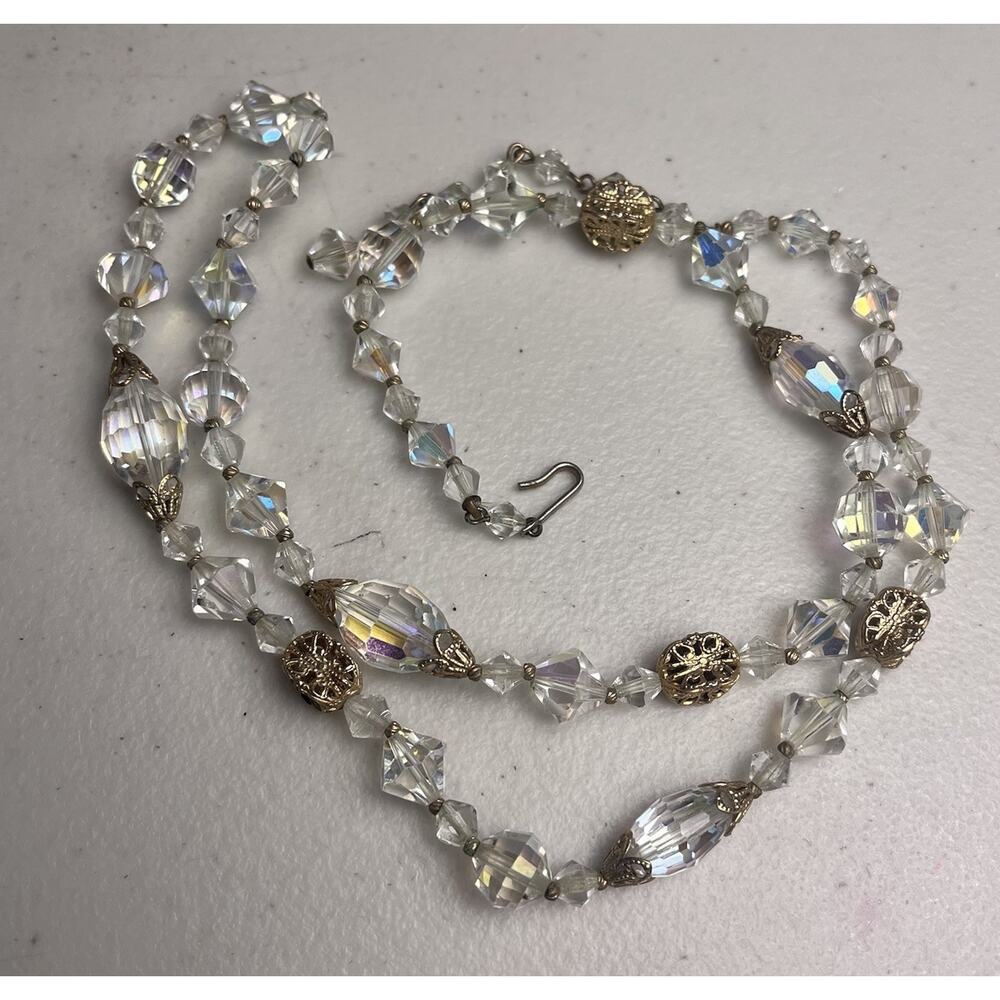 Vintage Glass Crystal Aurora Borealis AB Necklace 28" Faceted Beads Hook Closure